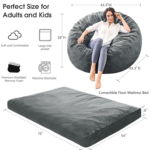 Giant Bean Bag Chair for Adults Convertible Bed with Microfiber Cover Charcoal G62613