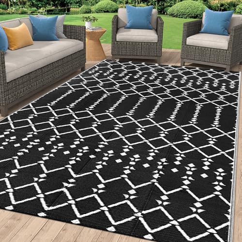 Smiry Waterproof Outdoor Rug 5x8 ft, Reversible Plastic Straw Patio Mat, Black & Beige P20186