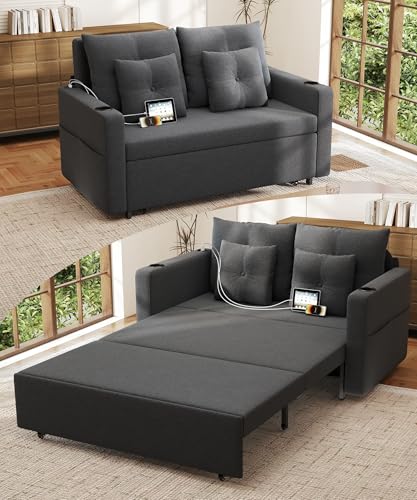 3 in 1 Pull Out Couch Convertible Sleeper Sofa Bed with Cup Holders, Grey U432