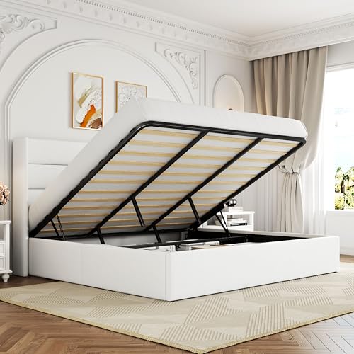 Allewie Full Size Lift Up Storage Bed with Wingback Headboard, Light Beige C85153