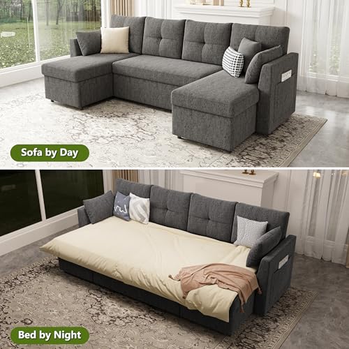 Oversized Sleeper Sofa Couch with Double Storage Chaise, Dark Grey U1381