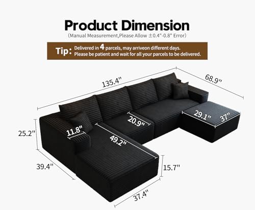 Cloud Modular Sectional Sofa with Ottoman, U Shaped, Black M332378