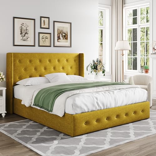 Allewie Full Size Lift Up Storage Bed with Wingback Headboard, Light Beige C85153