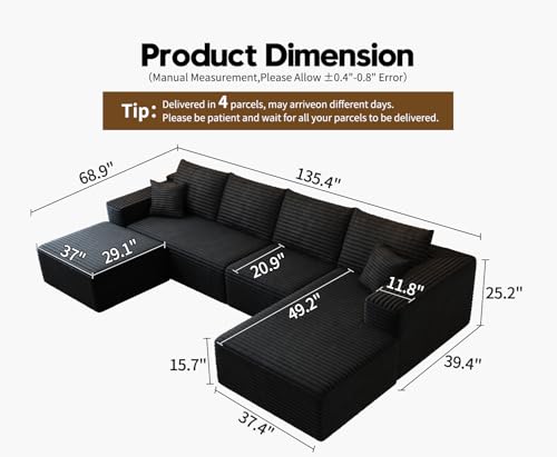 Cloud Modular Sectional Sofa with Ottoman, U Shaped, Black M332378