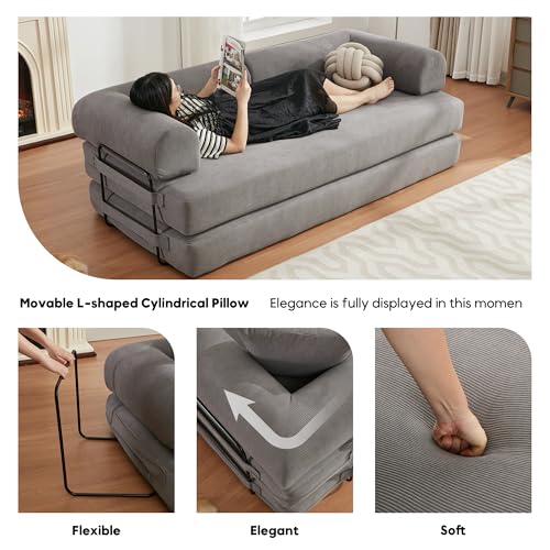 Corduroy Convertible Sleeper Sofa Bed with Pillow, Beige S401207