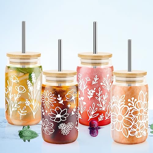 Glass Cups with Bamboo Lids and Straws, 4 Pack 16oz, Wild Flower Design K439