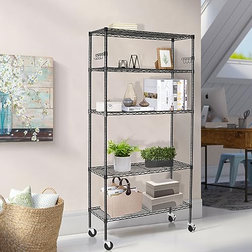 6 Tier Storage Shelves with Wheels, Heavy Duty Adjustable Metal Shelving Rack, Black T460