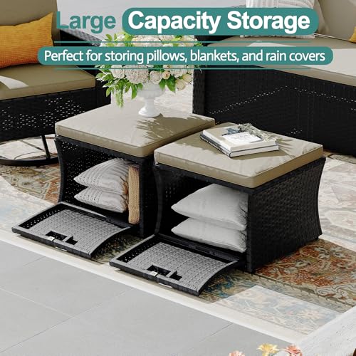 6 Piece Wicker Patio Furniture Set with Swivel Recline Chairs and Storage Ottoman X6280