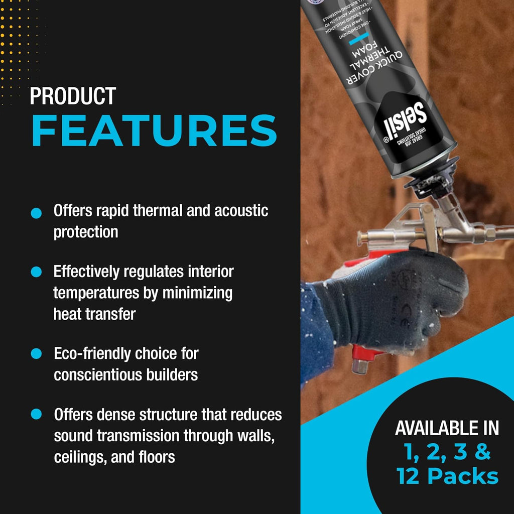 Selsil Spray Foam Insulation 12 Pack - Thermal & Sound Insulation for Walls, Roof, Hard-to-Reach Areas, 25 oz E97181