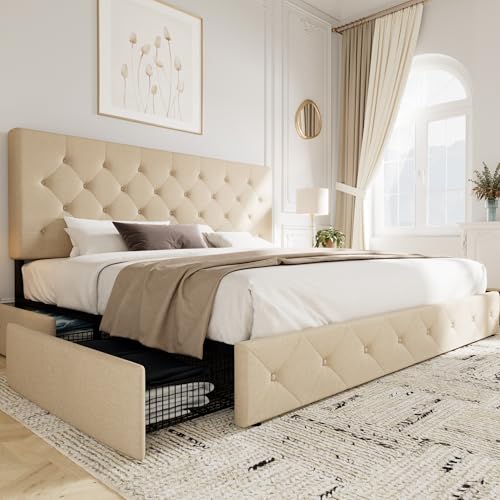 Allewie Upholstered Queen Platform Bed Frame with 4 Drawers and Headboard, Light Grey A922