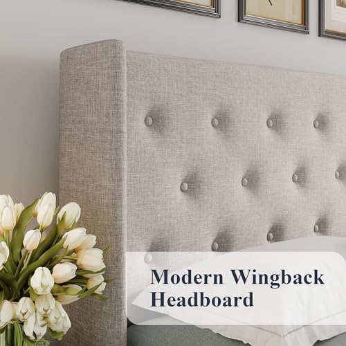 Allewie Full Size Lift Up Storage Bed with Wingback Headboard, Light Beige C85153