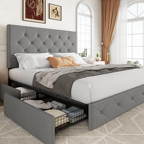 Allewie Upholstered Queen Platform Bed Frame with 4 Drawers and Headboard, Light Grey A922