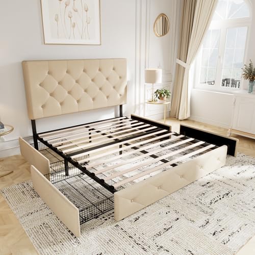 Allewie Upholstered Queen Platform Bed Frame with 4 Drawers and Headboard, Light Grey A922