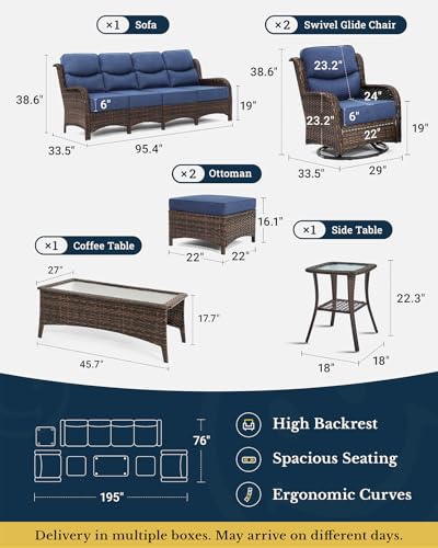 Luxury Patio Furniture Set 7PCS Wicker Conversation Set with Blue Cushions J5390