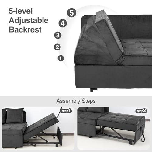Velvet Convertible Sofa Bed Sleeper Chair with 2 Throw Pillows, Dark Grey U621331