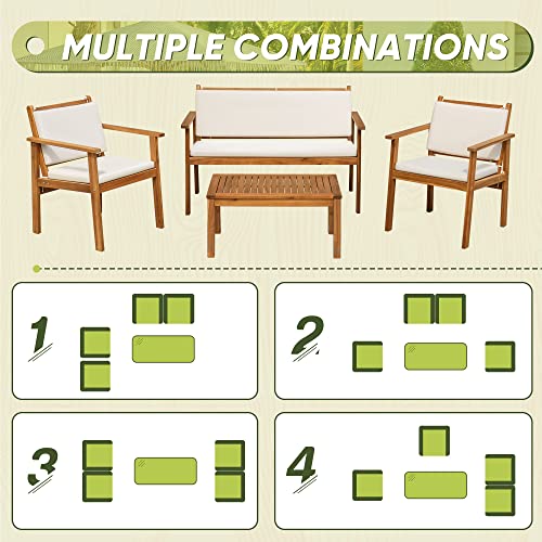 Flamaker 3 Piece Acacia Wood Patio Furniture Set with Coffee Table & Cushions B730