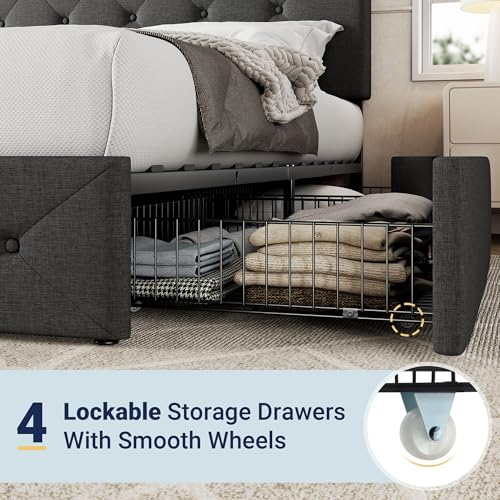Allewie Upholstered Queen Platform Bed Frame with 4 Drawers and Headboard, Light Grey A922