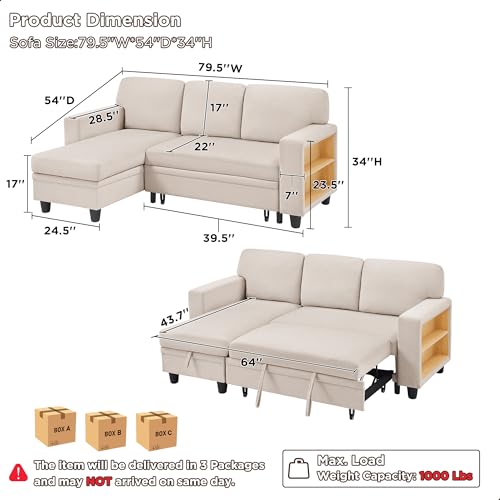 RedLemon 80” L-Shaped Sleeper Sofa Bed with Storage Chaise, Beige B354