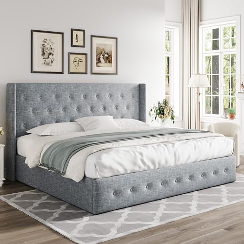 Allewie Full Size Lift Up Storage Bed with Wingback Headboard, Light Beige C85153