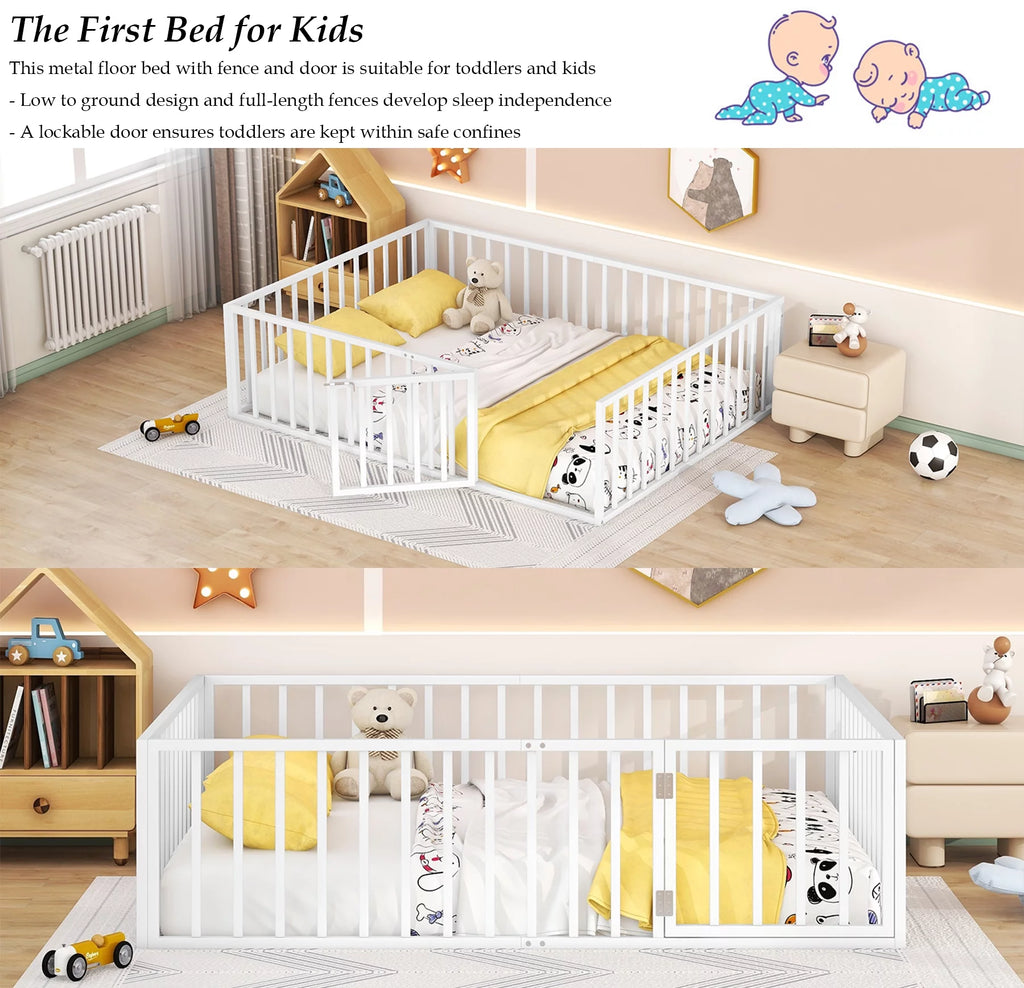 Bellemave Queen Metal Floor Bed with Fence Rails and Lockable Door, White N142
