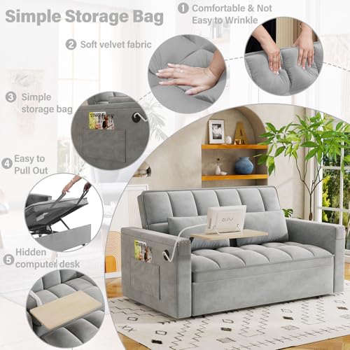 WIIS' IDEA Convertible Sofa Bed 3-in-1 Velvet Sleeper with Adjustable Backrest, Gray L188547