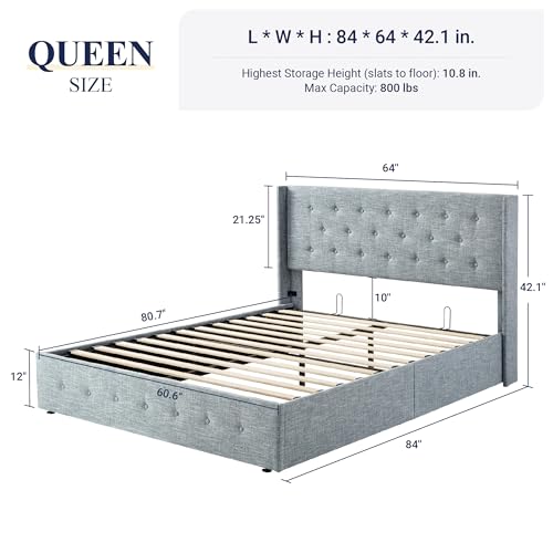 Allewie Full Size Lift Up Storage Bed with Wingback Headboard, Light Beige C85153