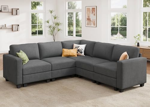 HONBAY Corduroy Modular Sectional Couch with Storage, Dark Gray A586576