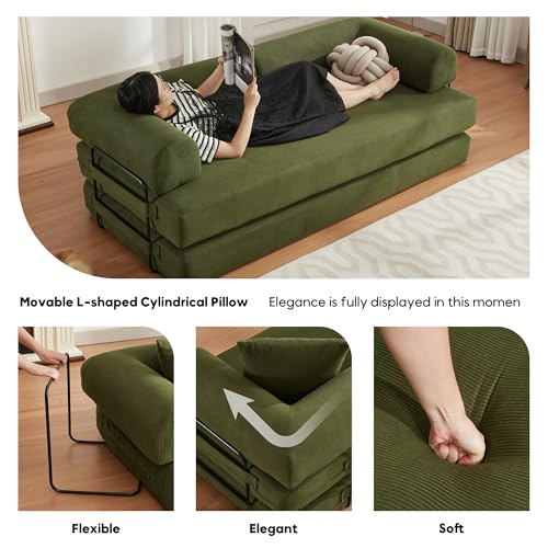 Corduroy Convertible Sleeper Sofa Bed with Pillow, Beige S401207