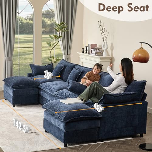 U Shaped Modular Sectional Sofa with Ottoman, Chenille, Black P2121