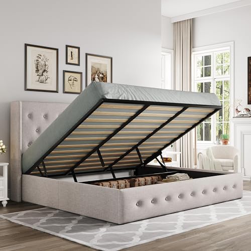 Allewie Full Size Lift Up Storage Bed with Wingback Headboard, Light Beige C85153