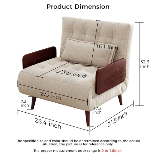 Convertible Chair Bed Sleeper for Adults with Wooden Arms, Linen G638