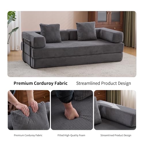 Corduroy Convertible Sleeper Sofa Bed with Pillow, Beige S401207