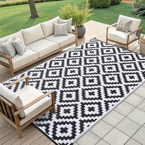 Smiry Waterproof Outdoor Rug 5x8 ft, Reversible Plastic Straw Patio Mat, Black & Beige P20186