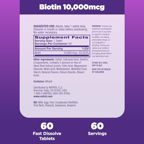 Natrol Beauty Biotin 10000mcg Dietary Supplement, 200 Tablets W487