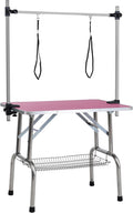 36" Folding Dog Pet Grooming Table with Adjustable Arm and Clamps, Loop Noose Stainless Steel Frame Rubber Mat on Board for Small & Medium Dogs (PINK COLOR)