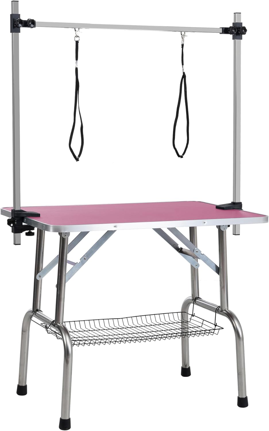 36" Folding Dog Pet Grooming Table with Adjustable Arm and Clamps, Loop Noose Stainless Steel Frame Rubber Mat on Board for Small & Medium Dogs (PINK COLOR)