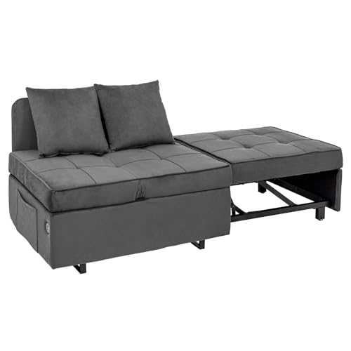 Velvet Convertible Sofa Bed Sleeper Chair with 2 Throw Pillows, Dark Grey U621331