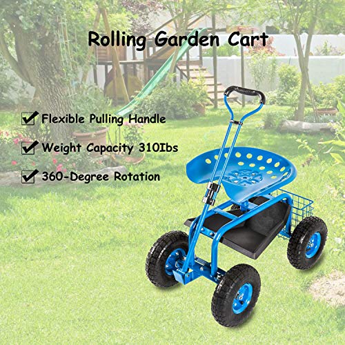 KINTNESS Garden Cart Rolling Work Seat with Tool Tray and Storage Basket Z89476