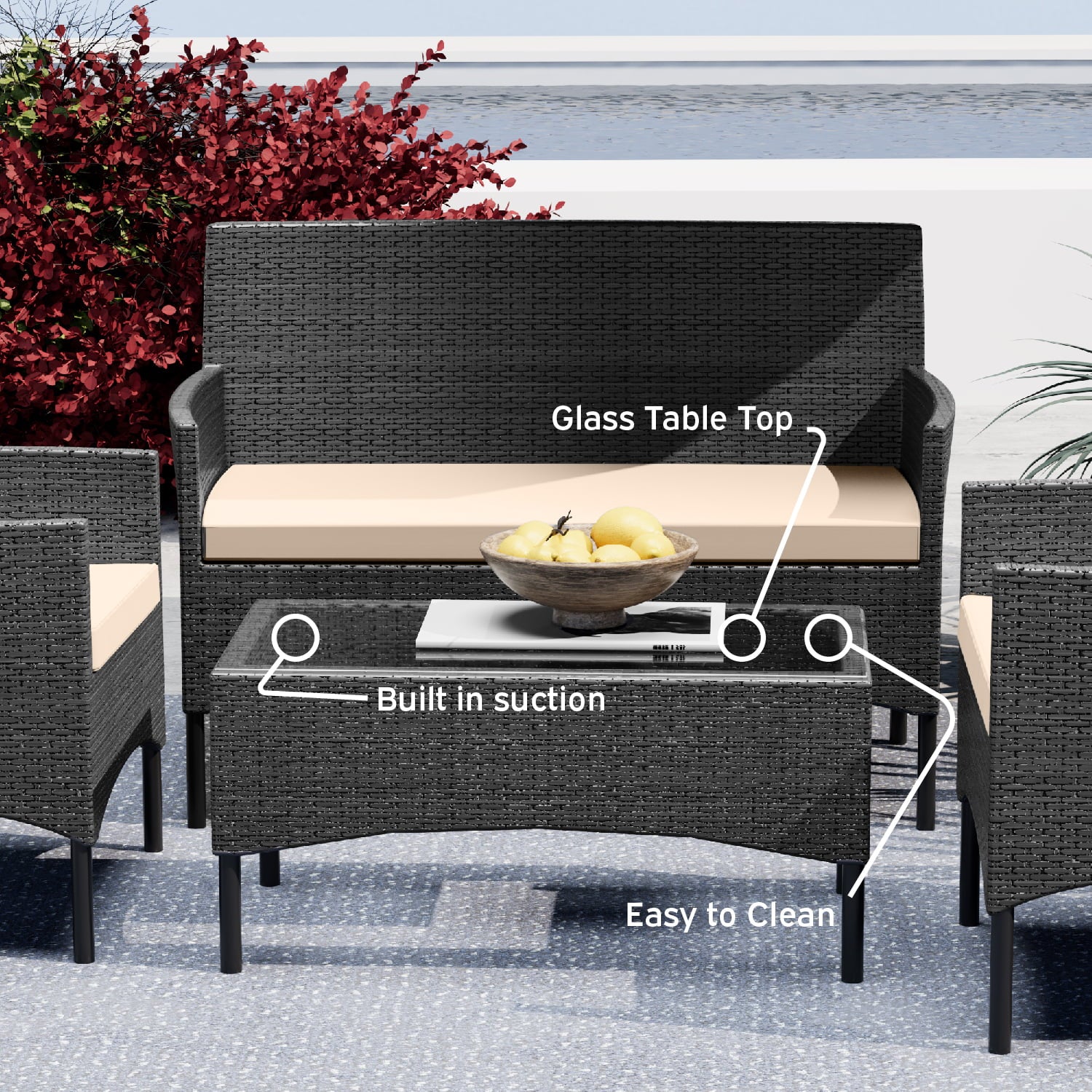 Nestl 4-Piece Outdoor Patio Furniture Set, Wicker, Black/Beige P798857