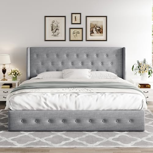 Allewie Full Size Lift Up Storage Bed with Wingback Headboard, Light Beige C85153