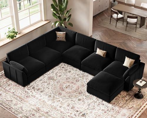 Belffin Extra Large Modular Sectional Sofa, 4-Seater L Shaped Velvet Couch, Black A1471