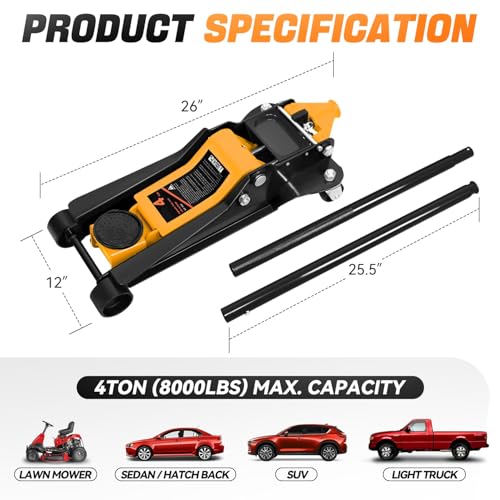 Auto Dynasty 4 Ton Low Profile Floor Jack, Heavy Duty Steel Hydraulic, Yellow B7990