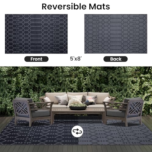 Smiry Waterproof Outdoor Rug 5x8 ft, Reversible Plastic Straw Patio Mat, Black & Beige P20186