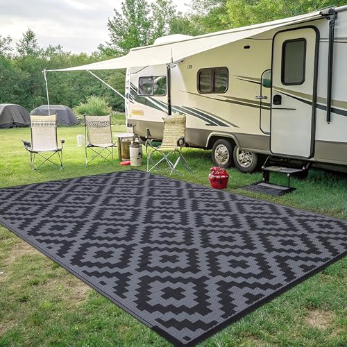 Smiry Waterproof Outdoor Rug 5x8 ft, Reversible Plastic Straw Patio Mat, Black & Beige P20186