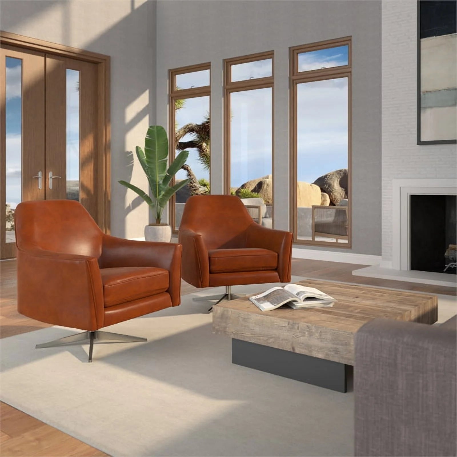 Bowery Hill Mid-Century Faux Leather Swivel Armchair, Caramel Brown R86095