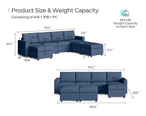 LINSY HOME Modular U Shaped Sectional Sofa with Storage, Blue M8981