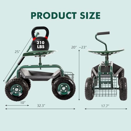 KINTNESS Garden Cart with Rolling Work Seat and Storage Basket, Blue G5904