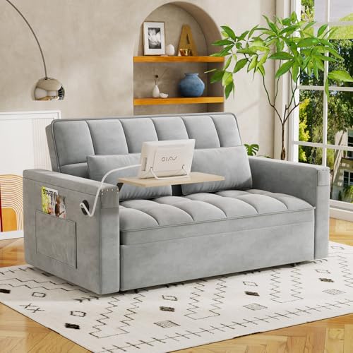 WIIS' IDEA Convertible Sofa Bed 3-in-1 Velvet Sleeper with Adjustable Backrest, Gray L188547