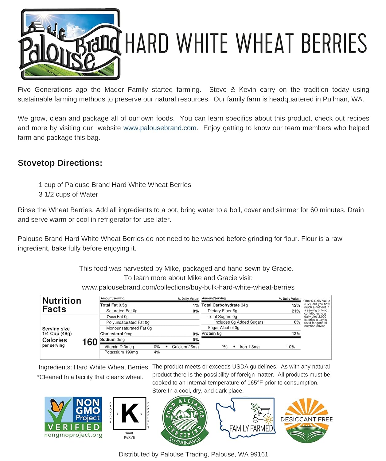 Hard White Wheat Berries 3-4 LB Kraft Bags, Non-GMO, Kosher M796474