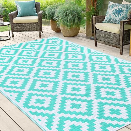 Smiry Waterproof Outdoor Rug 5x8 ft, Reversible Plastic Straw Patio Mat, Black & Beige P20186
